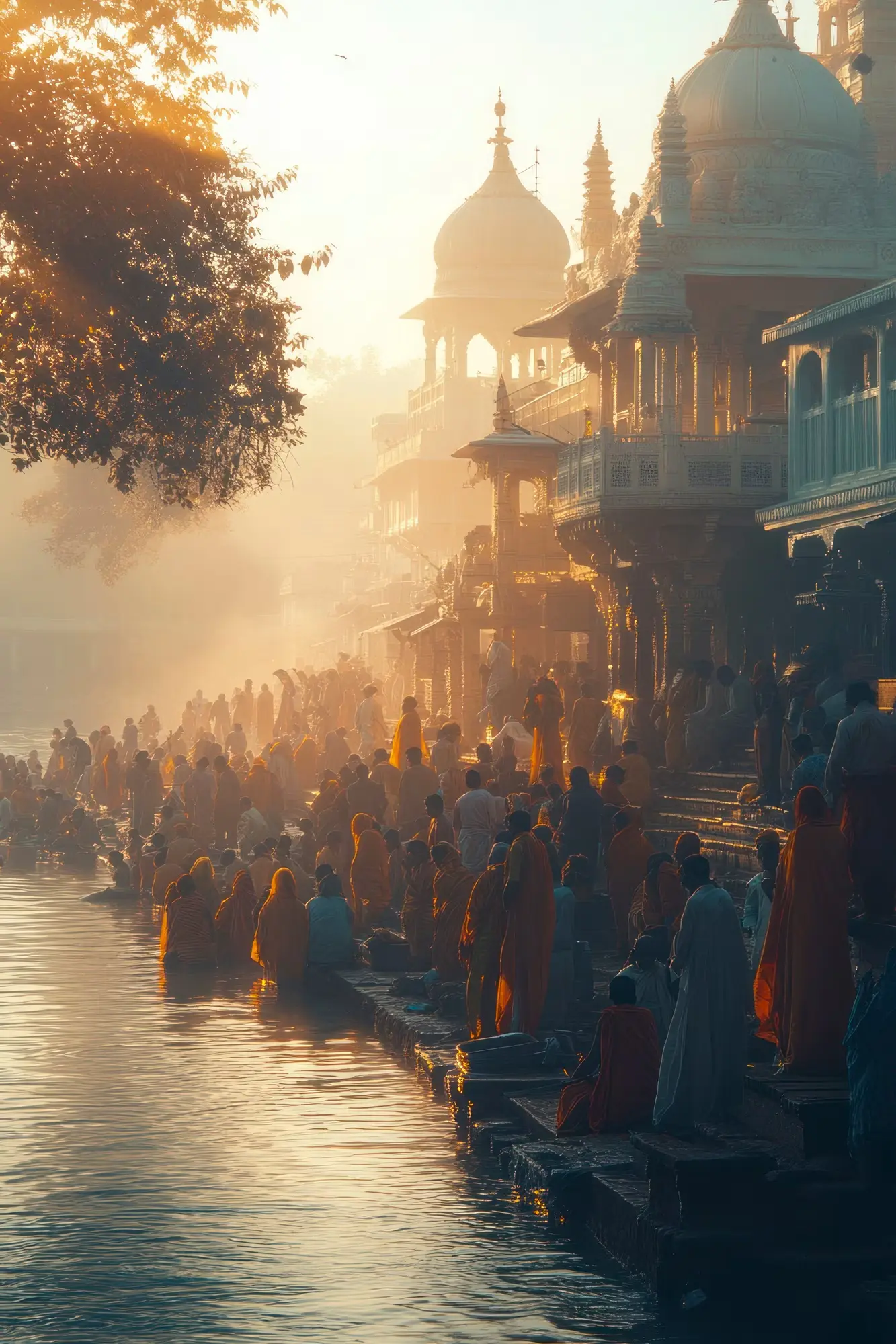 Varanasi ghats on the Ganges at sunrise with lamps and devotees